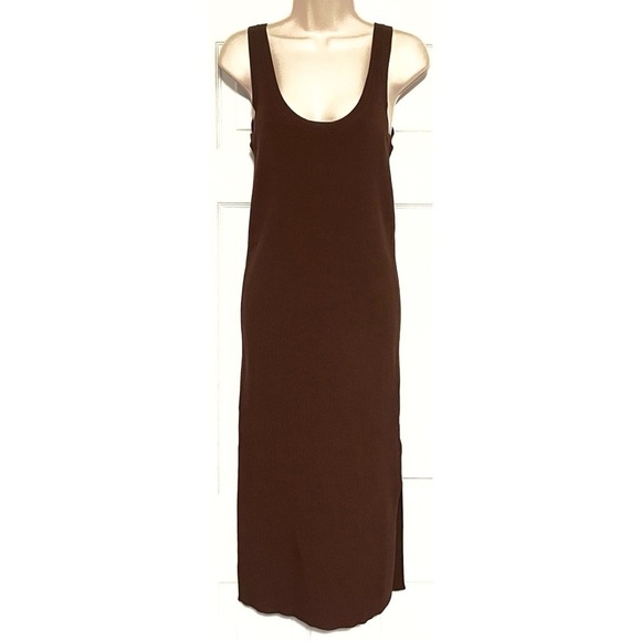 NWT The Drop Yasmine Side Slit Ribbed Scoop Neck Solid Brown Midi Dress Pullover - Picture 3 of 9